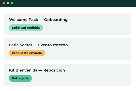 Panel de Benecrom One mostrando el estado de operaciones de welcome packs, eventos e imprenta